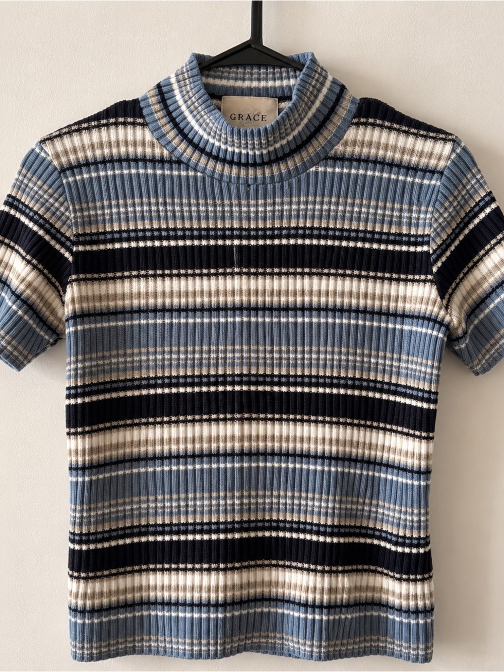 GRACE Striped Ribbed Mock Neck Short Sleeve Knit Top